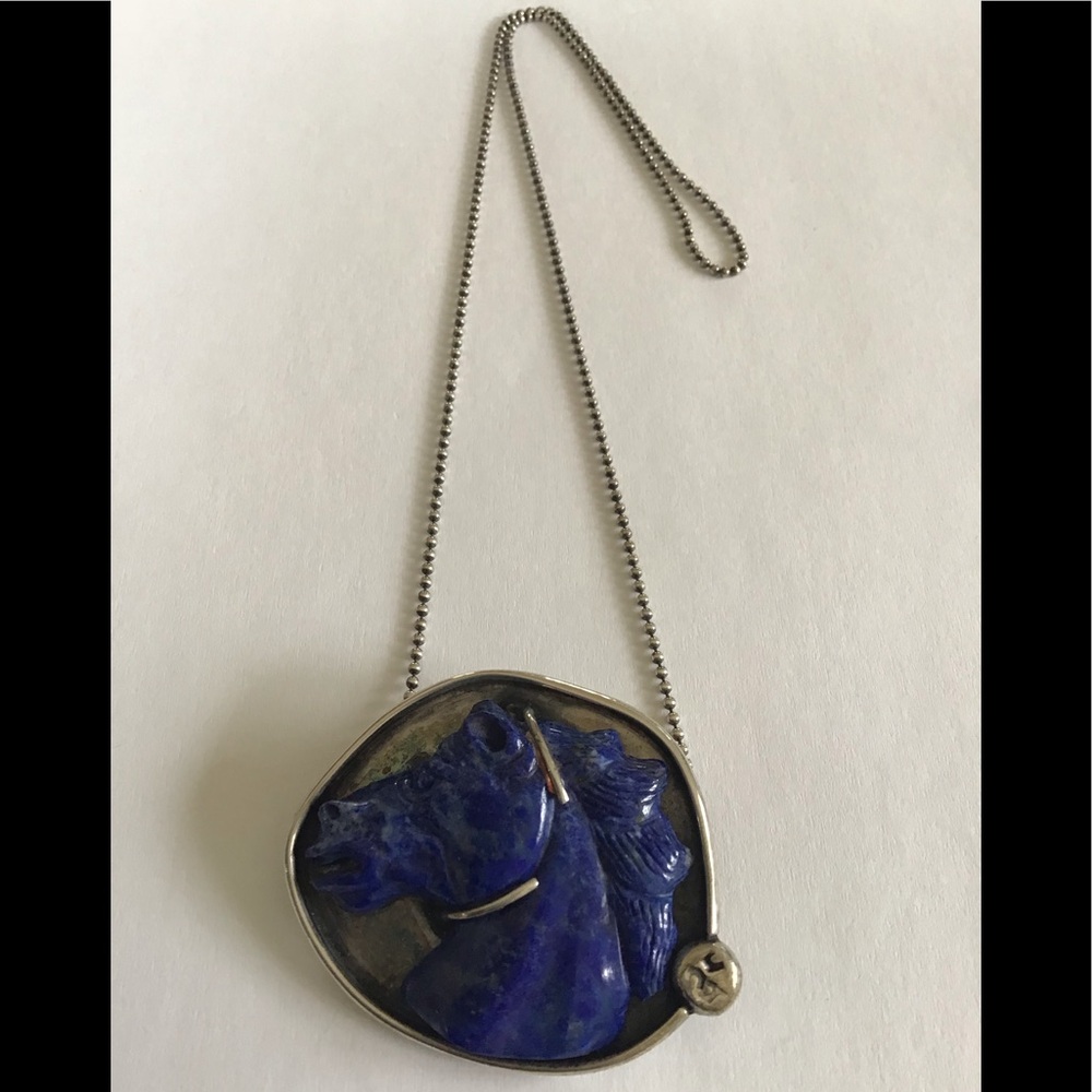 Heavy Sterling Carved Lapis Wild Horse Pendant